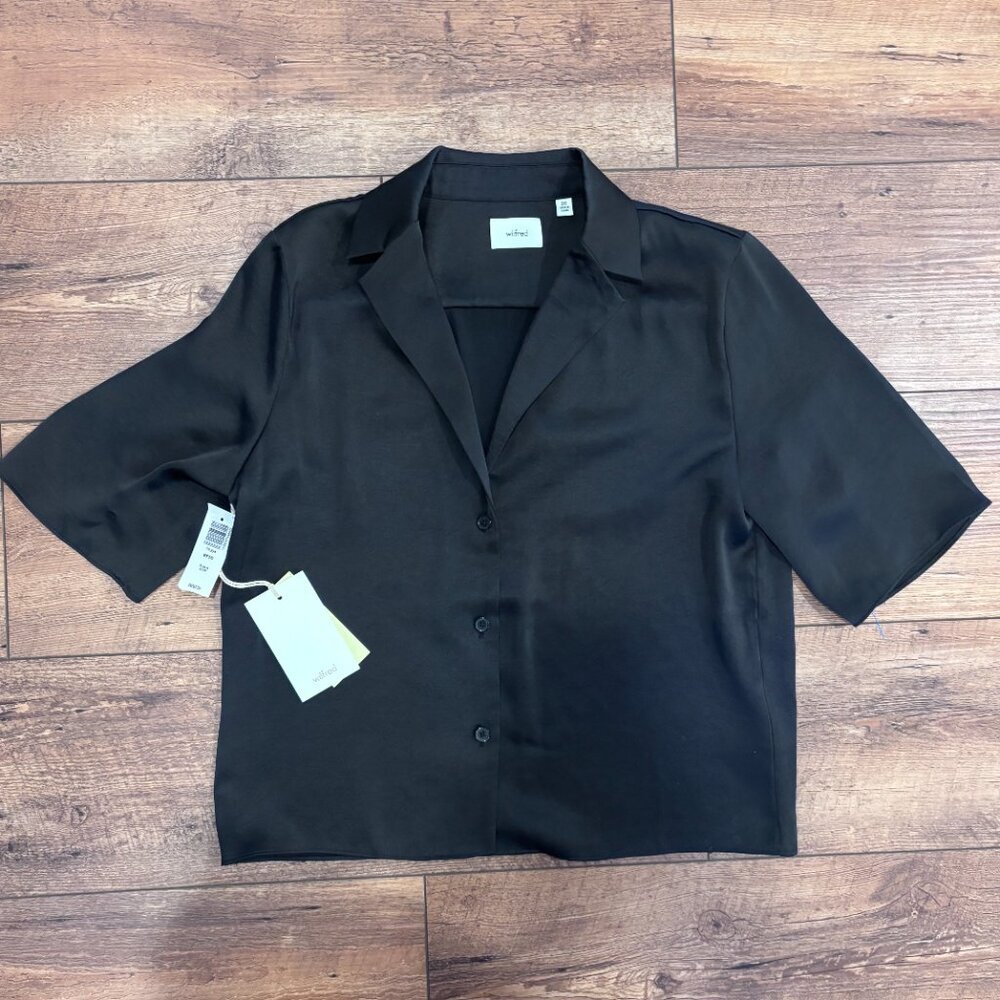Aritzia Wilfred Beso Satin Button Up Top Short Sleeve Black Size 2X NWT $98 - Picture 14 of 14